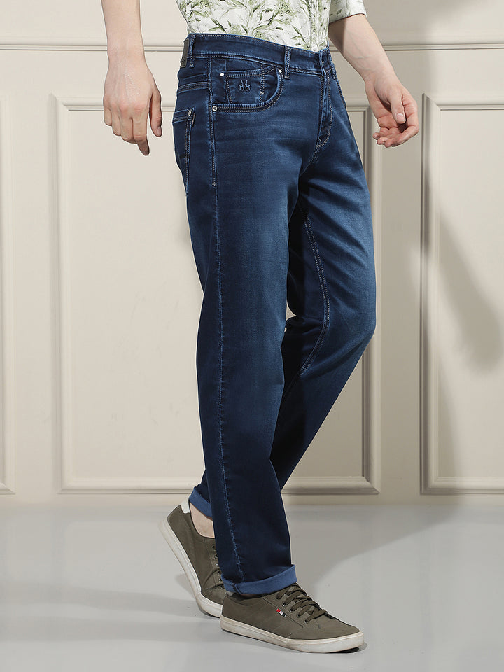Navy Blue Cotton Straight Jeans