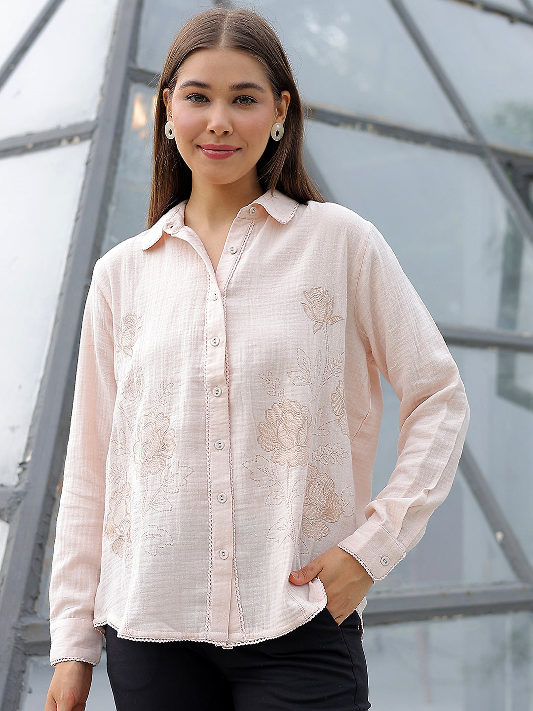 Peach Floral Embroidered 100% Cotton Shirt
