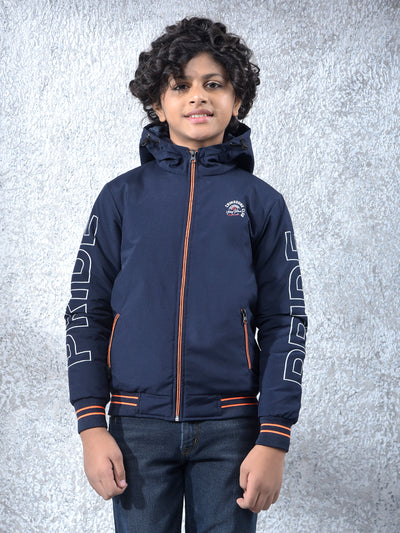 Navy Blue Typographic Print Hooded Neck Bomber Jacket
