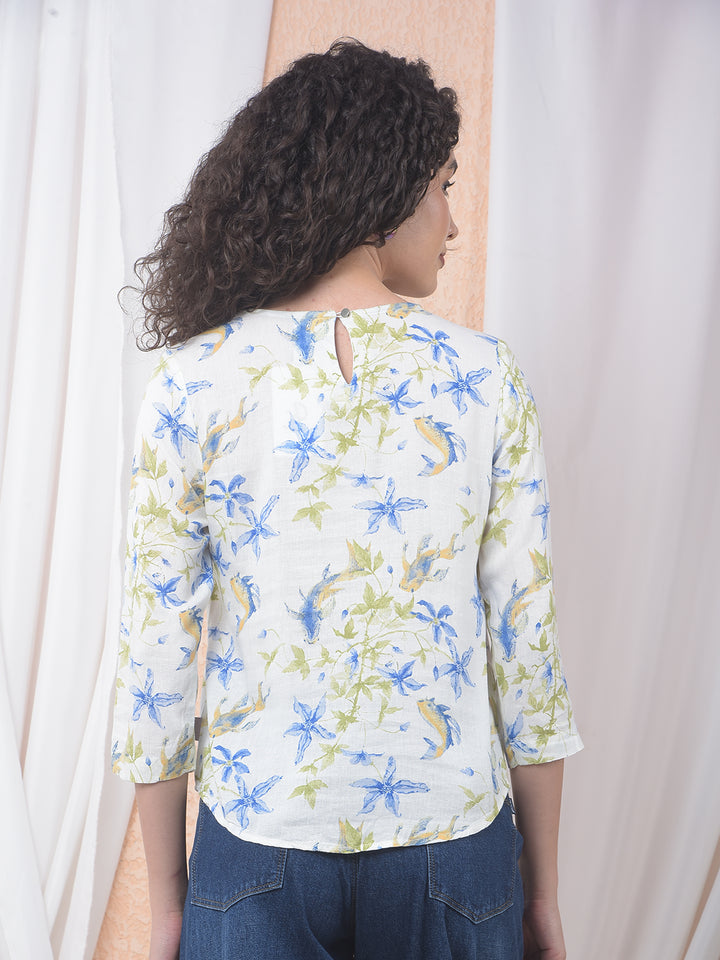 Blue Floral Printed Linen Top