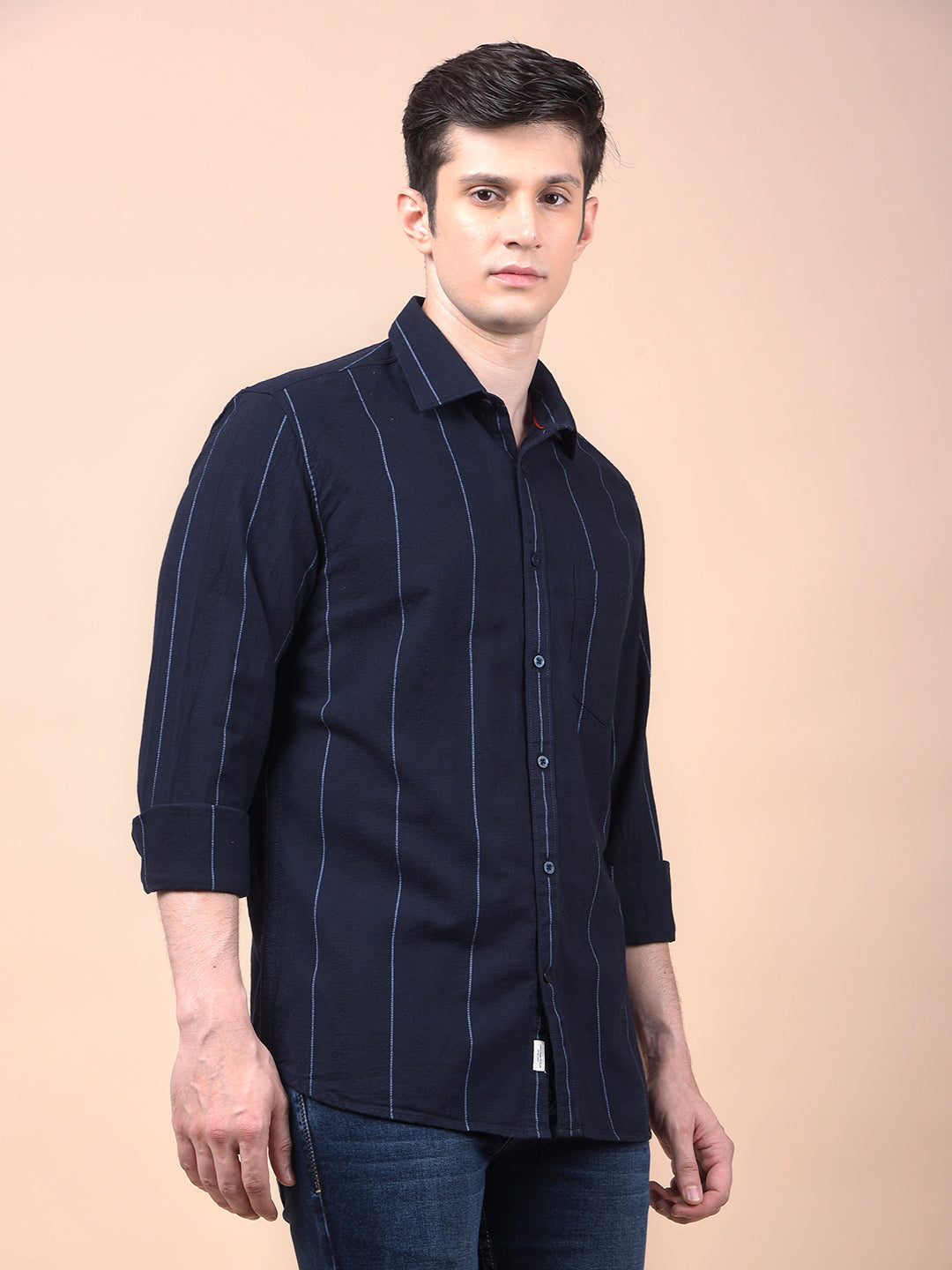 Navy Blue Vertical Stripes 100% Cotton Shirt
