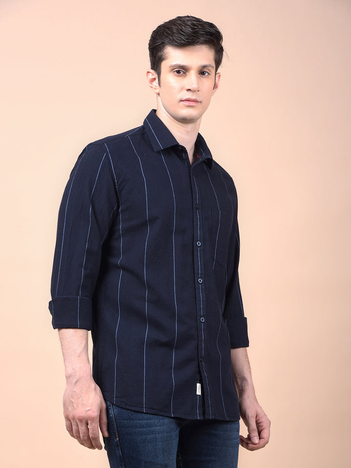 Navy Blue Vertical Stripes 100% Cotton Shirt