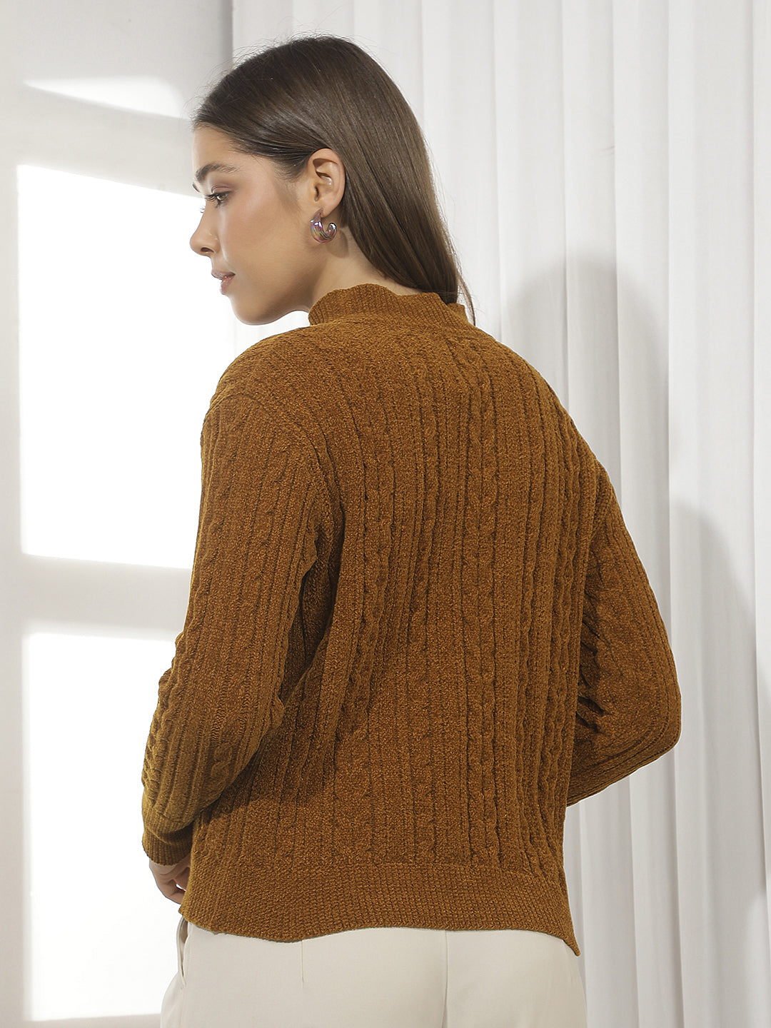 Brown Jacquard Mock Neck Sweater