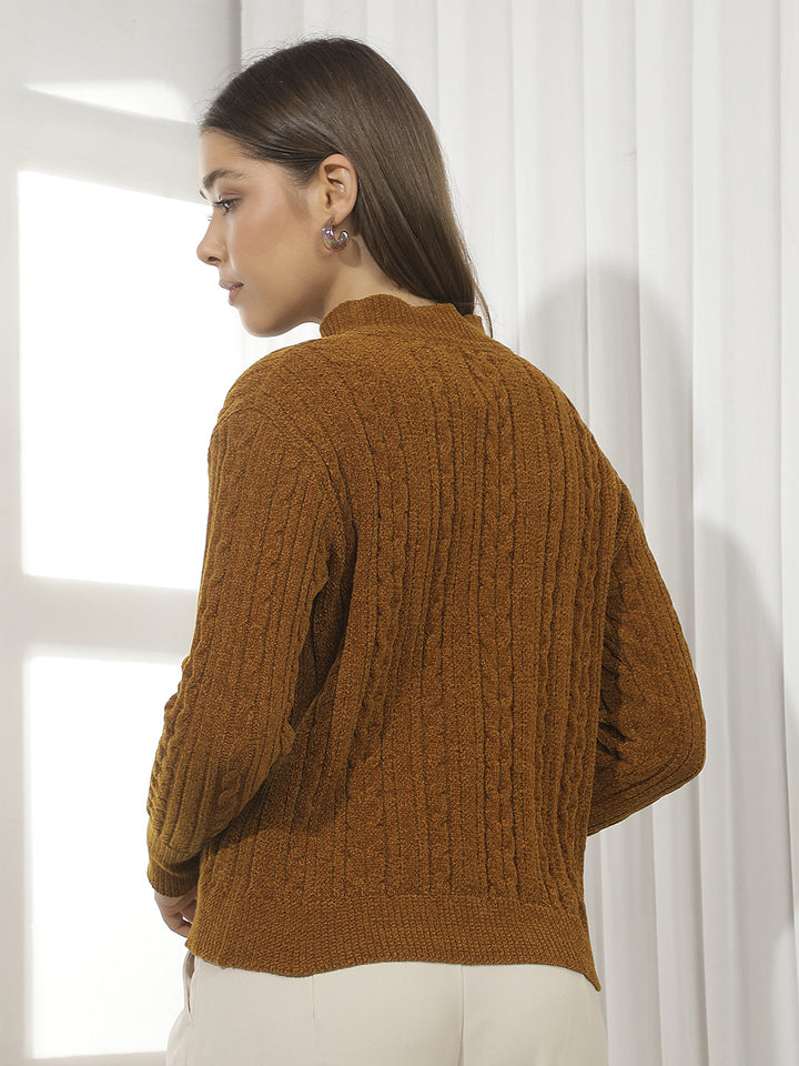 Brown Jacquard Mock Neck Sweater