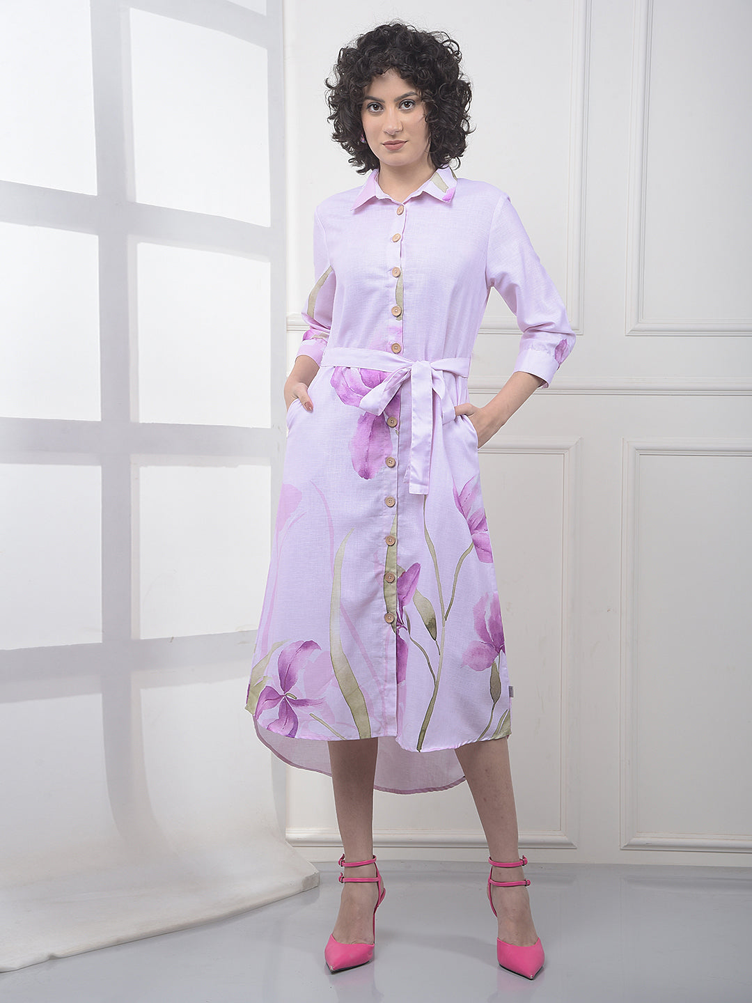 Purple Floral Print Midi Shirt-Dress