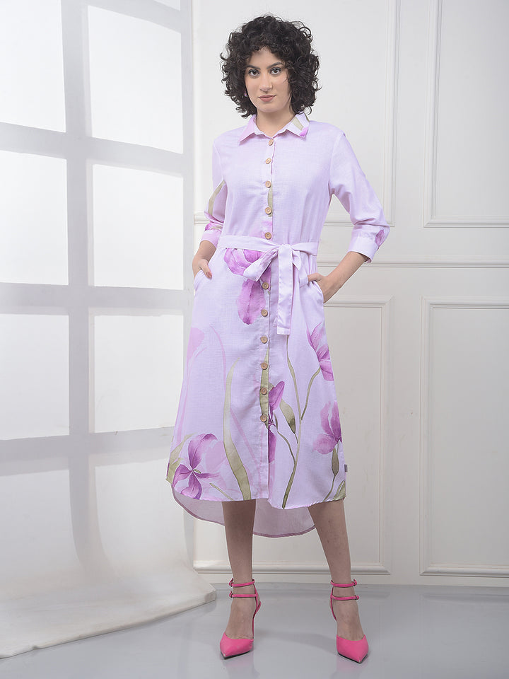 Purple Floral Print Midi Shirt-Dress