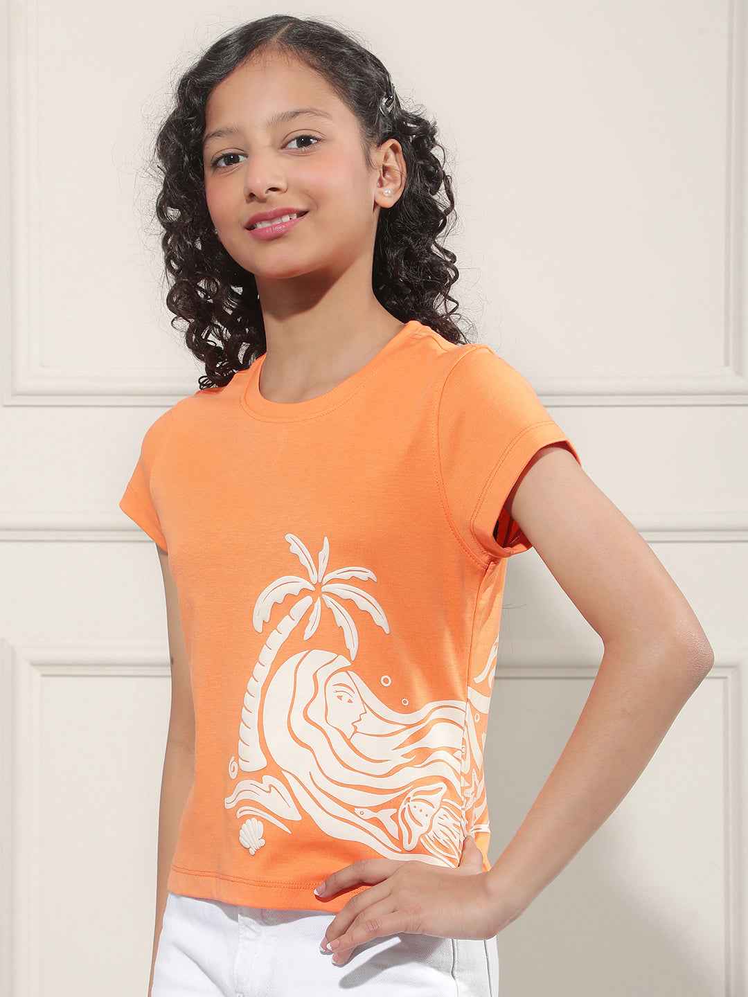 Orange Graphic Print Crop T-Shirt