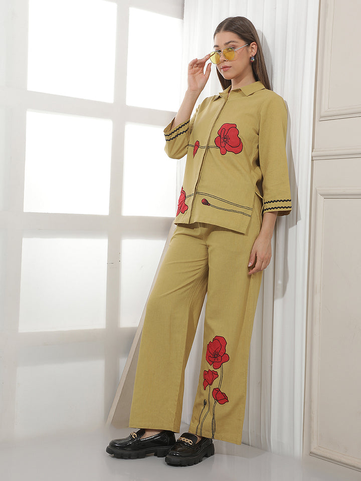 Beige Floral Embroidered Shirt