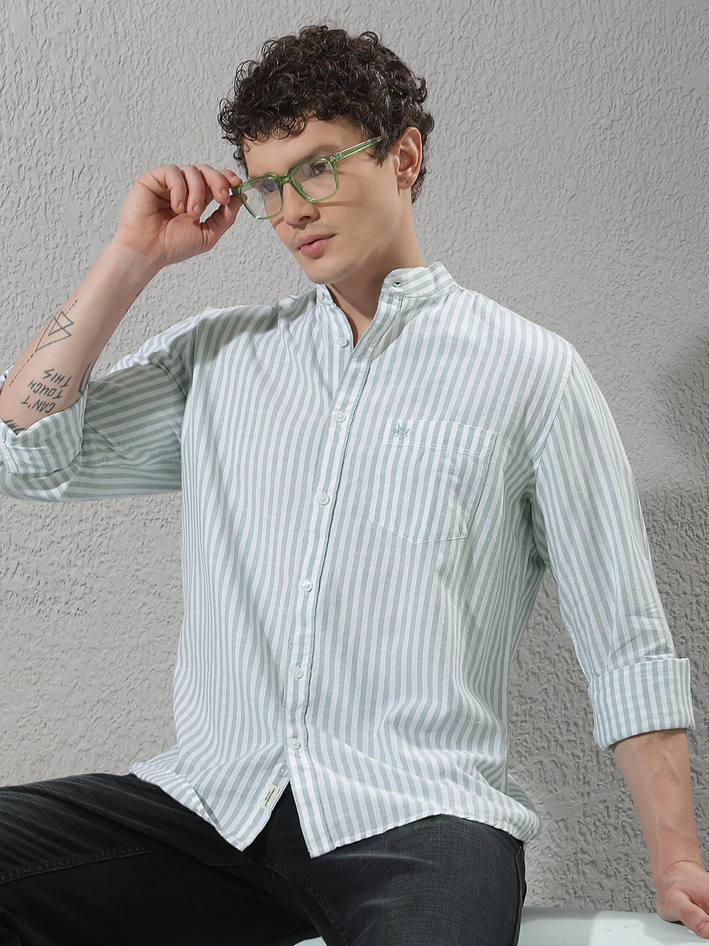 Green Linen Verical Stripes Shirt