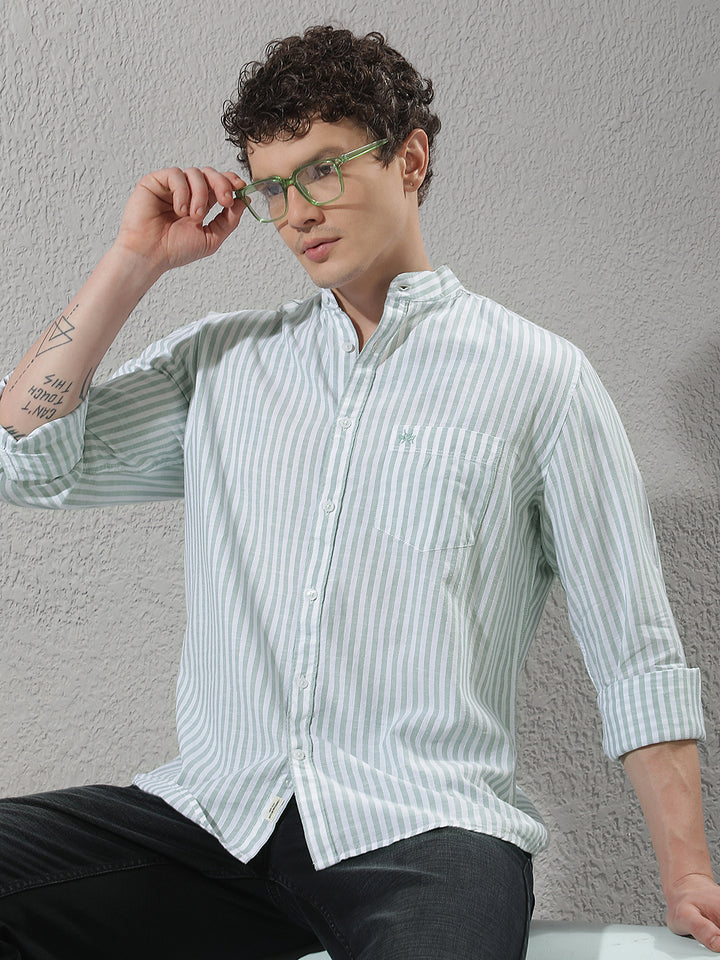 Green Linen Verical Stripes Shirt