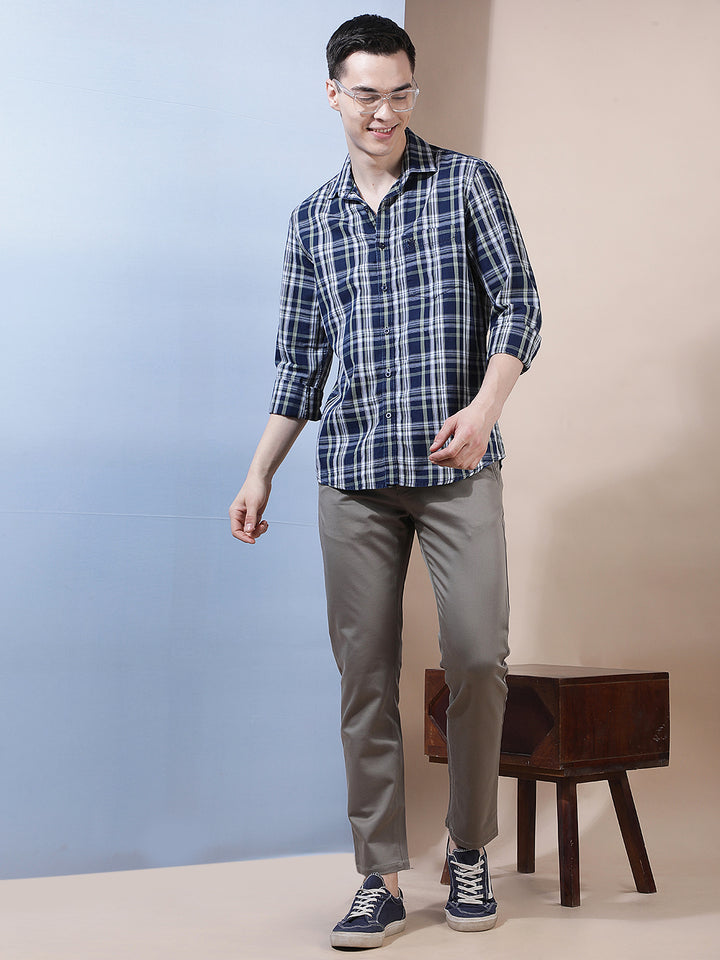 Navy Blue 100% Cotton Checked Shirt