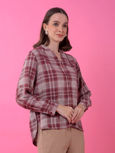 Brown Checked V-Neck Shirt