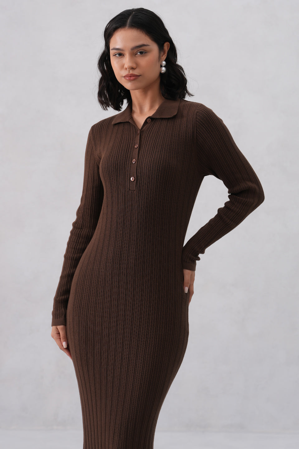 Brown Vertical Stripes Winter Bodycon Dress