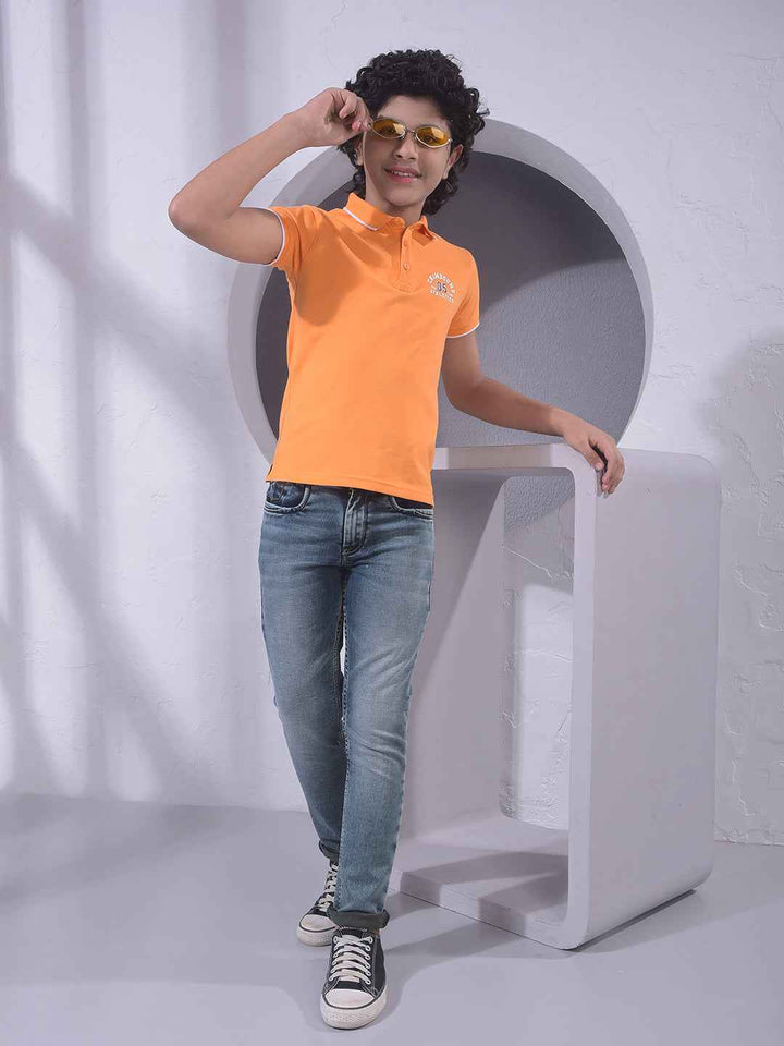 Orange Typographic Print Polo Neck T-Shirt