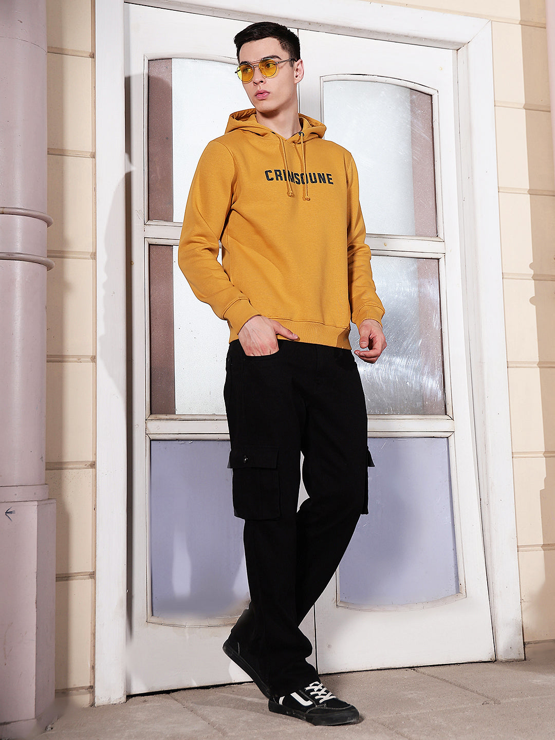 Mustard Typographic Print Hooded Neck Sweatshirt