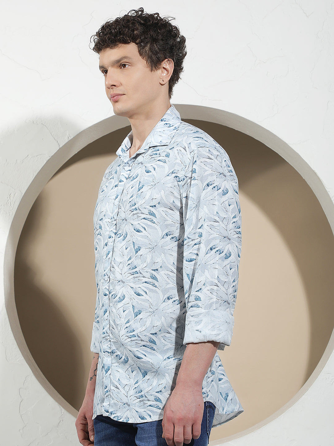 Blue Floral Print Linen Shirt