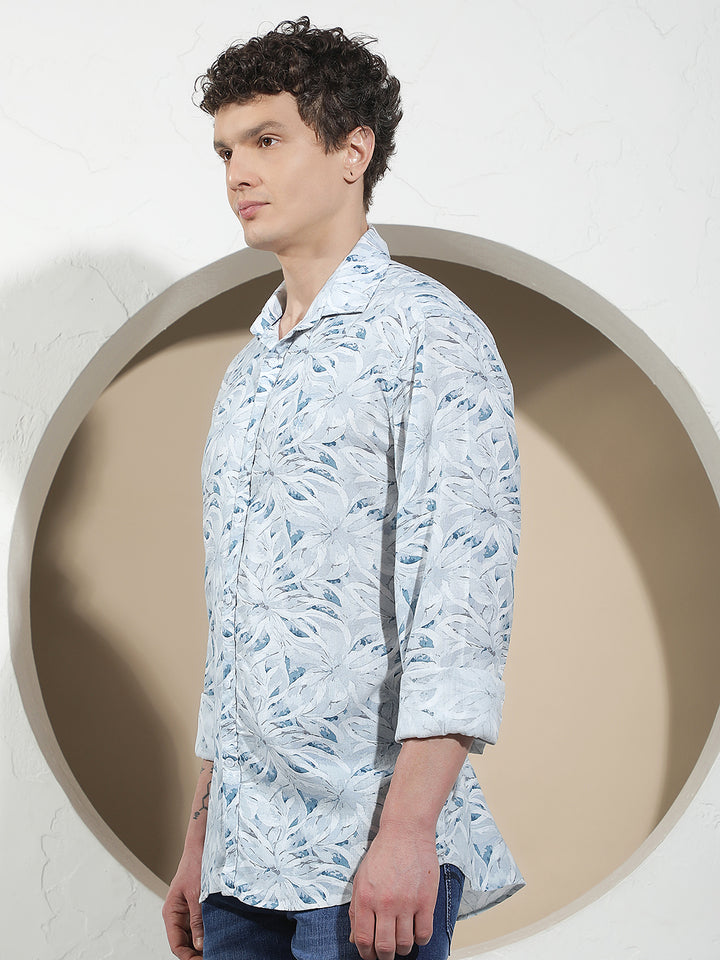 Blue Floral Print Linen Shirt