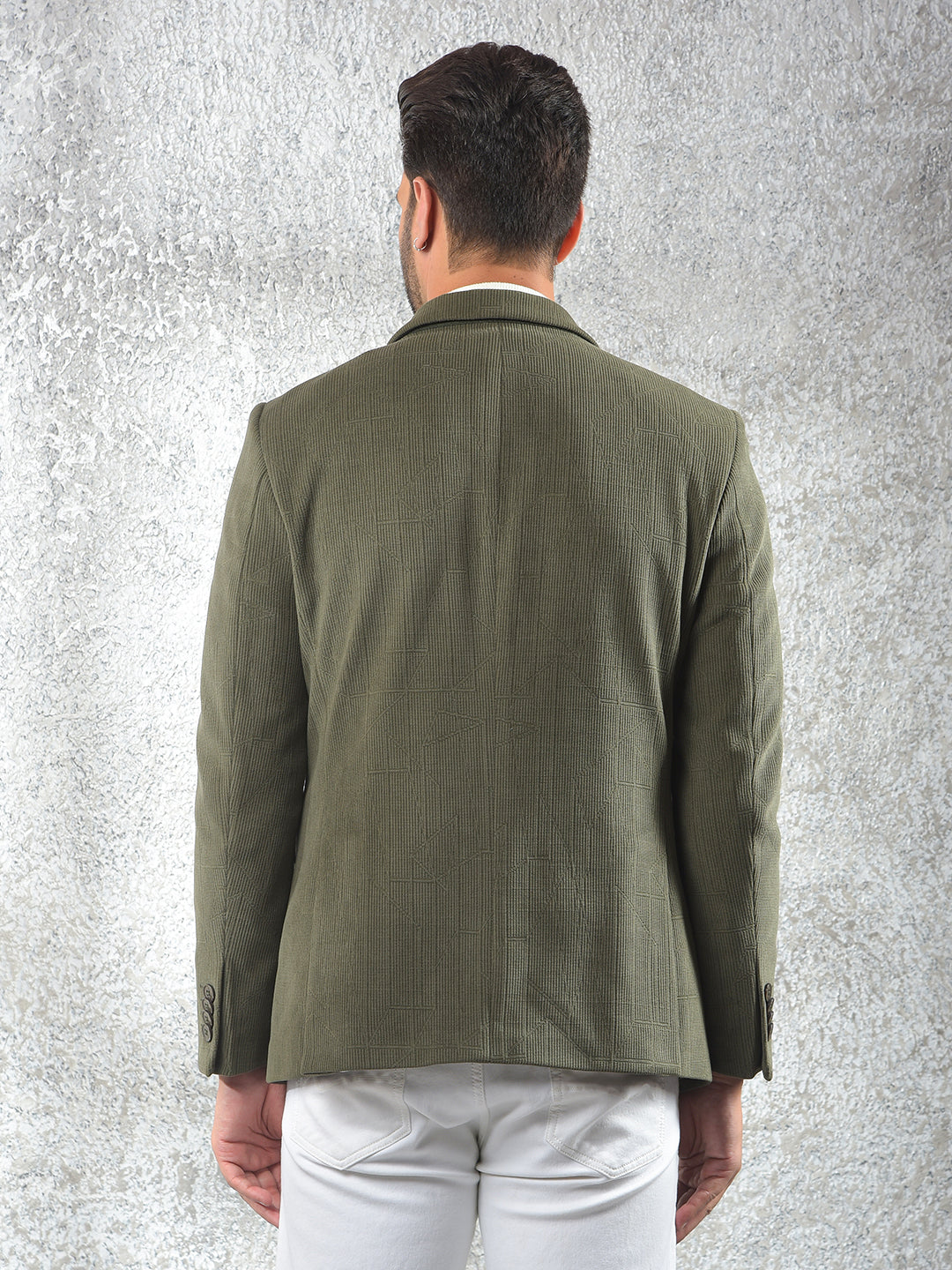 Olive Jacquard Notched Lapel Single-Breasted Blazer