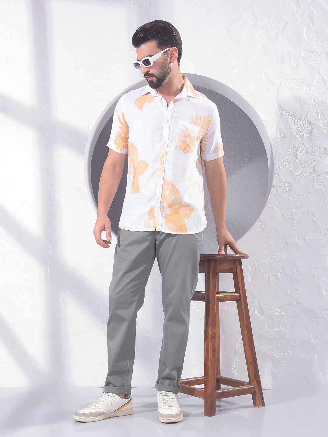 Yellow Floral Print Linen Shirt