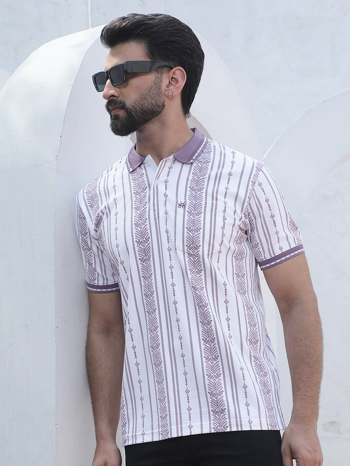 Purple Botanical Print Polo Neck T-Shirt