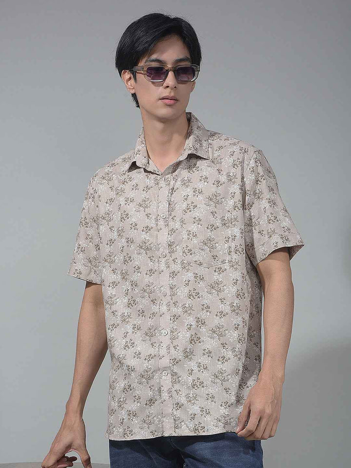Beige Floral Print Linen Shirt