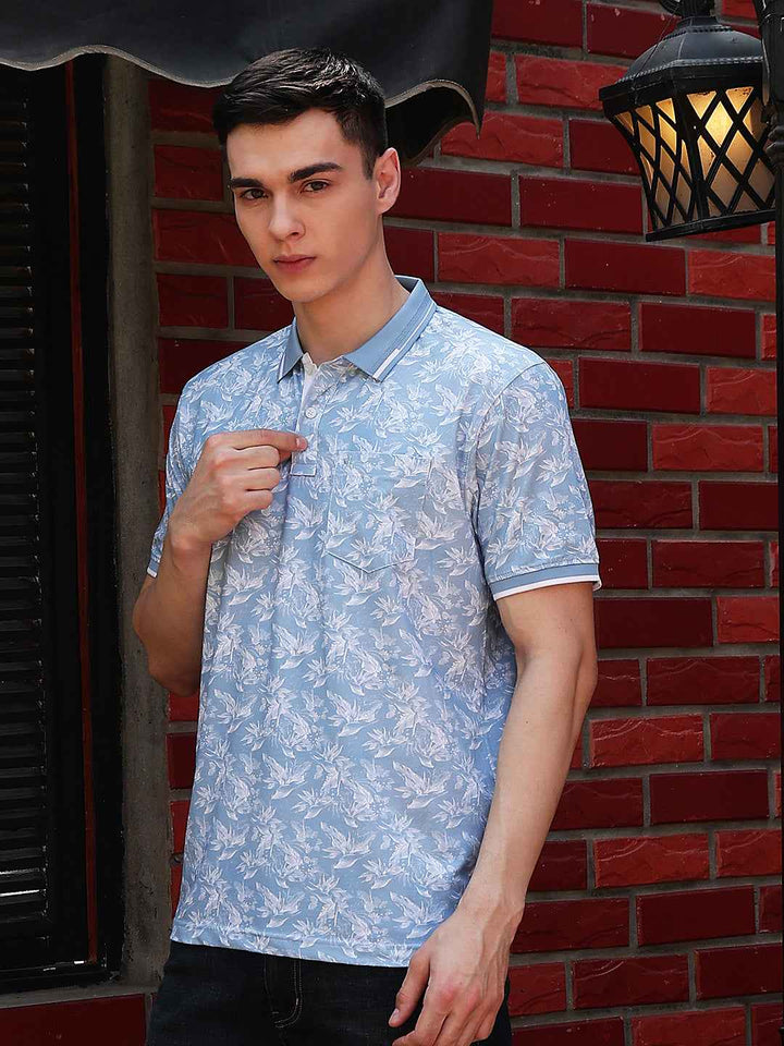 Blue Floral Print Polo Neck T-Shirt
