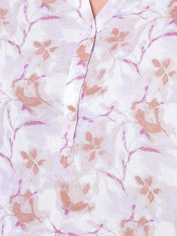Pink Floral Print V-Neck Linen Top