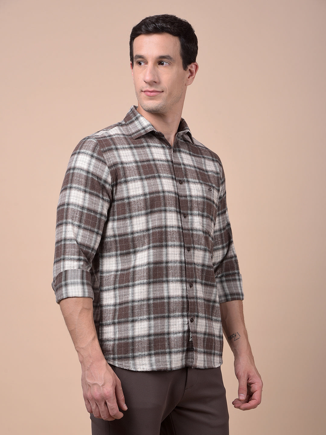 Brown Checked 100% Cotton Shirt