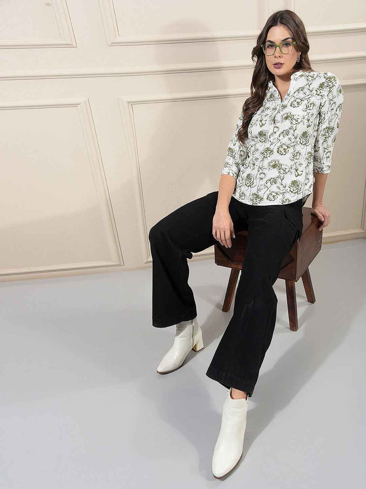 Green Floral Print V-Neck 100% Cotton Top