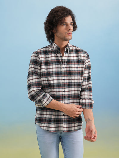 Brown Checked 100% Cotton Button-Down Collar Shirt