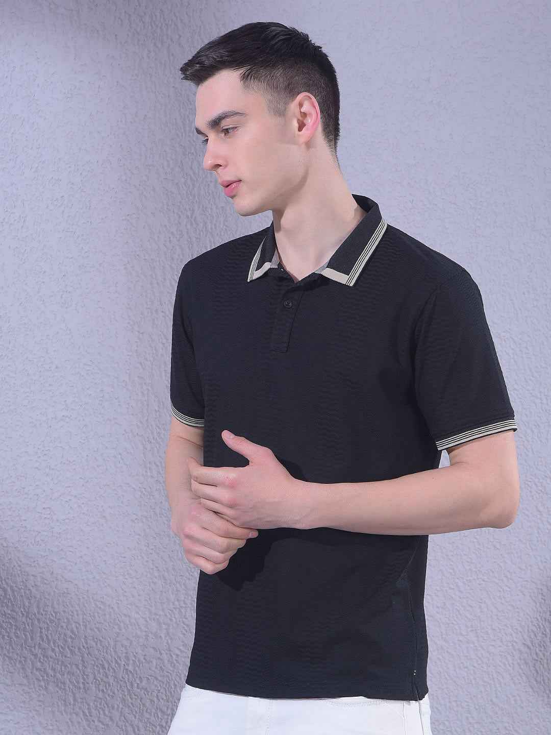 Black Jacquard Polo Neck T-Shirt