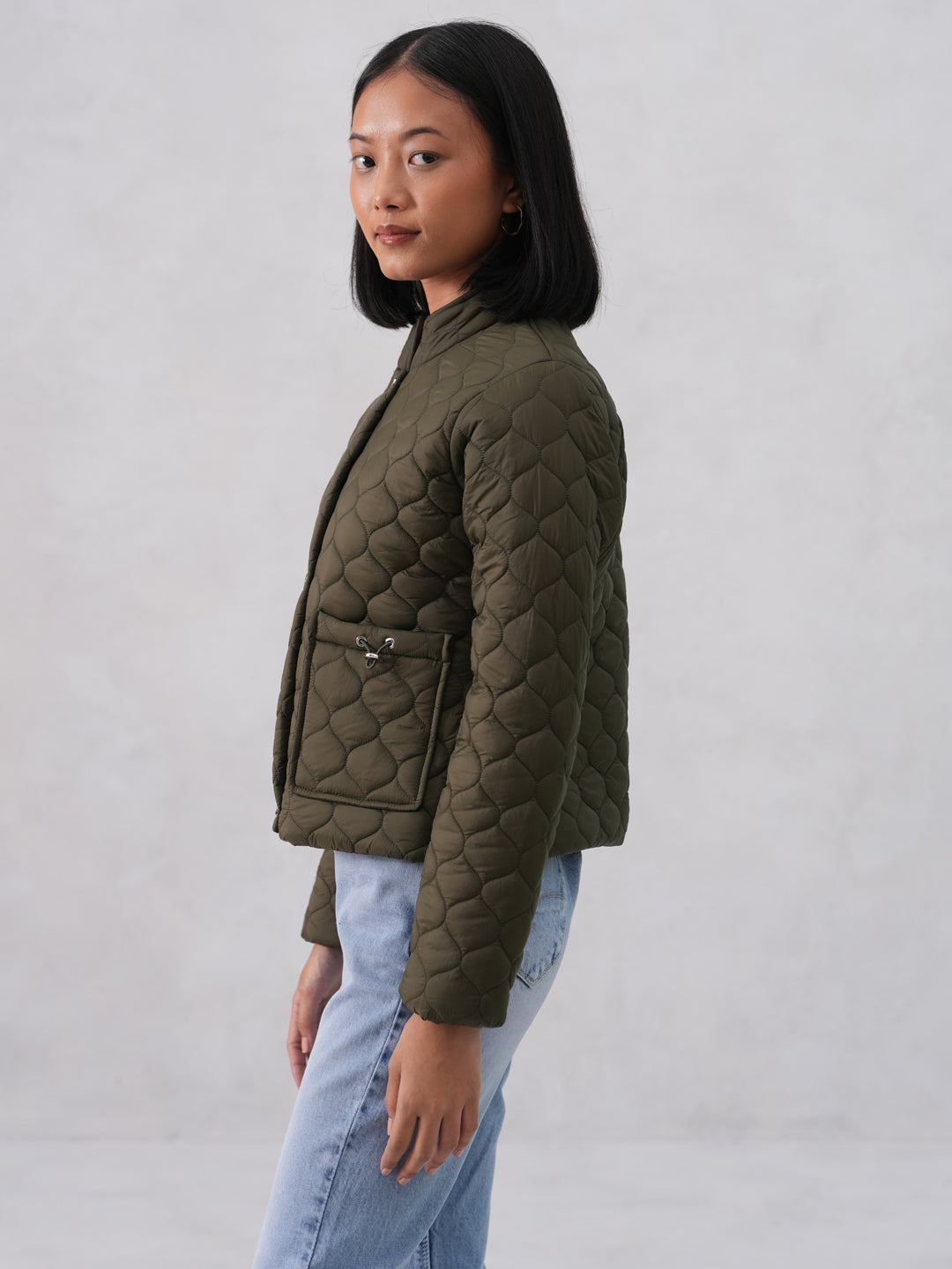Green Quilted High-Neck Jacket