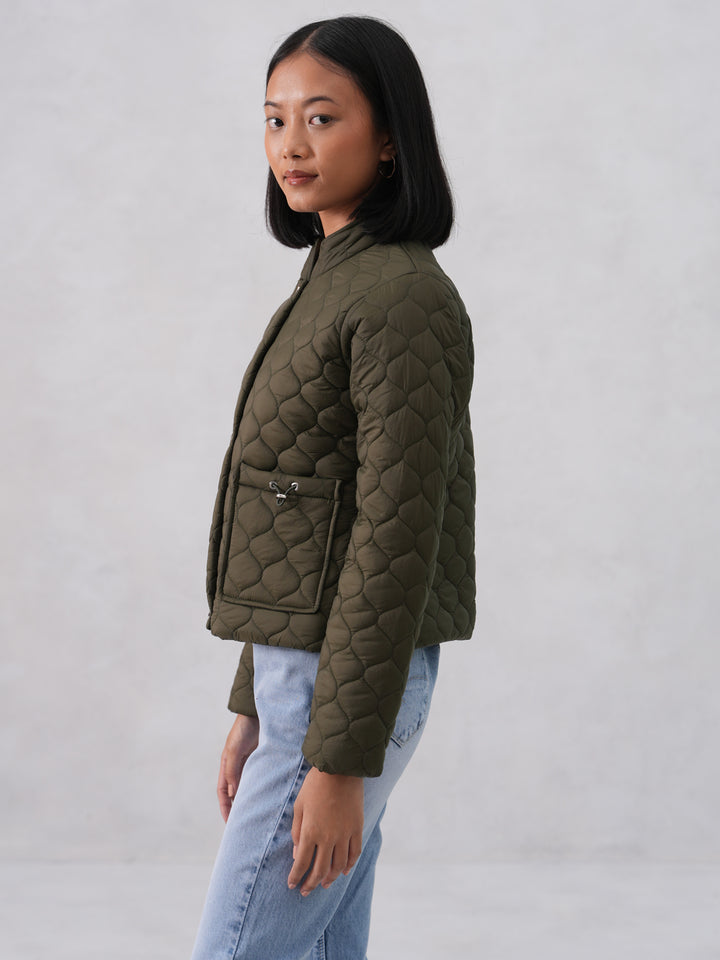 Green Quilted High-Neck Jacket