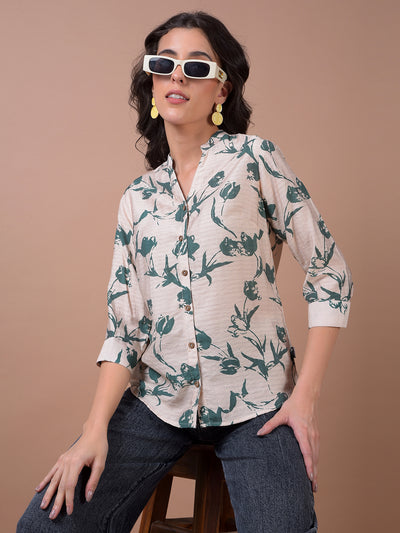 Green Floral Print V-Neck Shirt