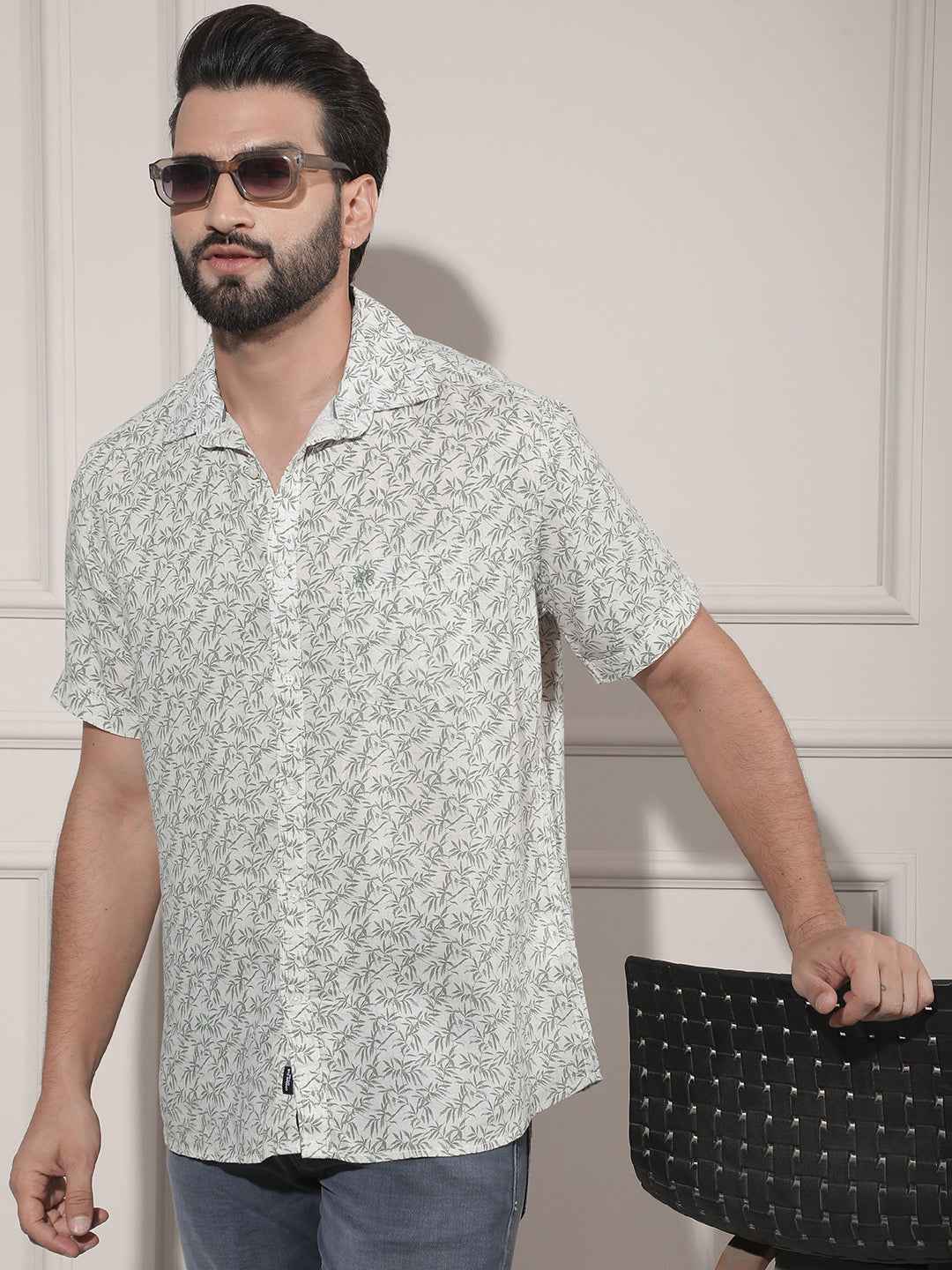 Green Floral Print Linen Shirt