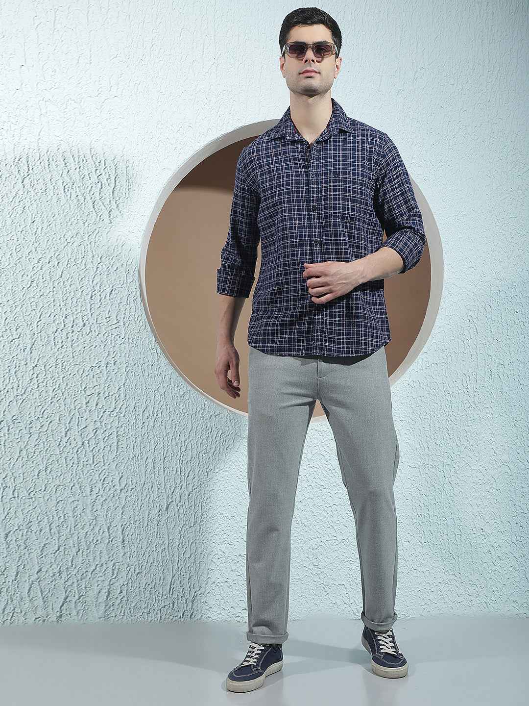 Navy Blue 100% Cotton Checked Shirt
