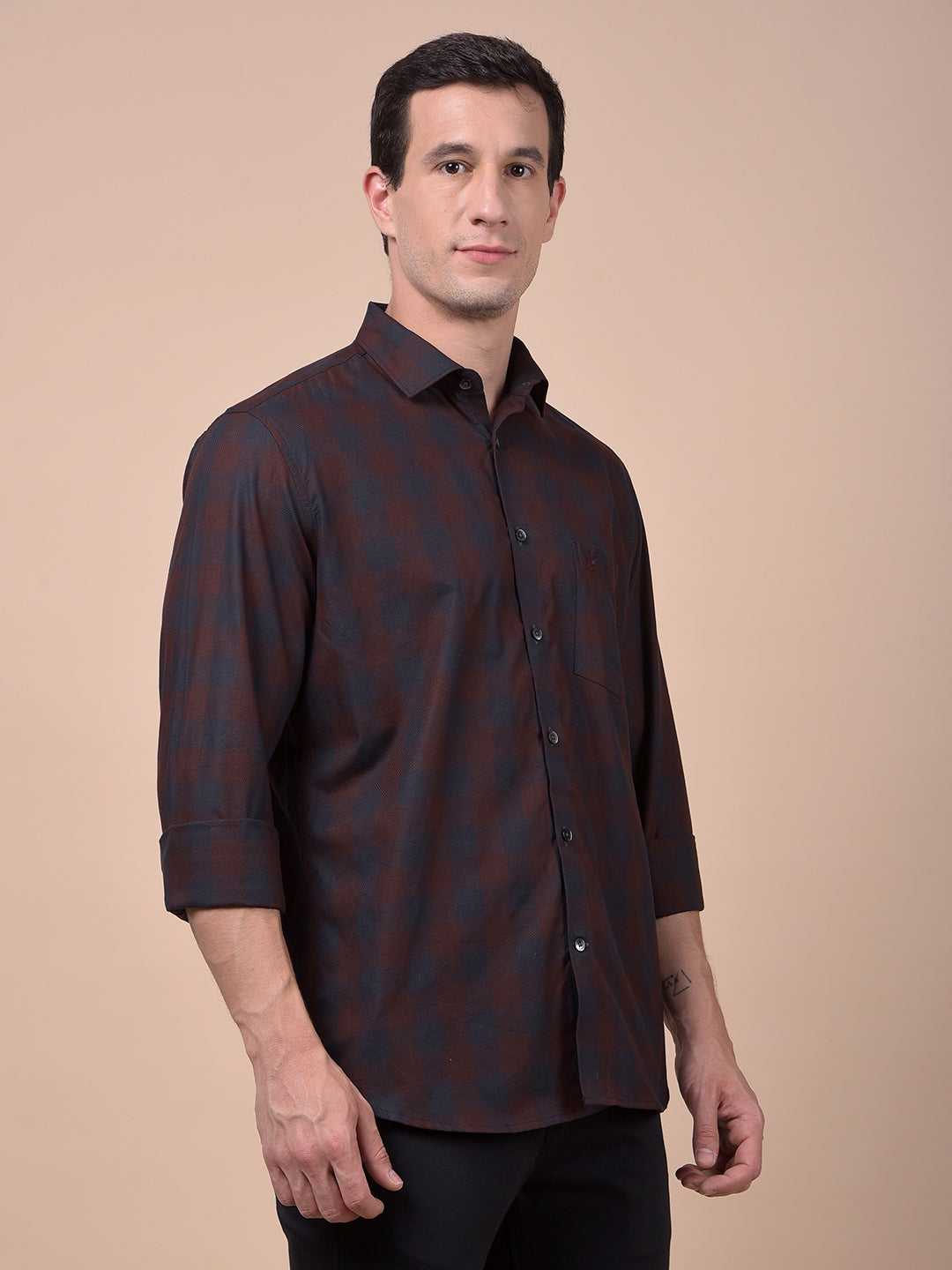 Brown Checked 100% Cotton Shirt