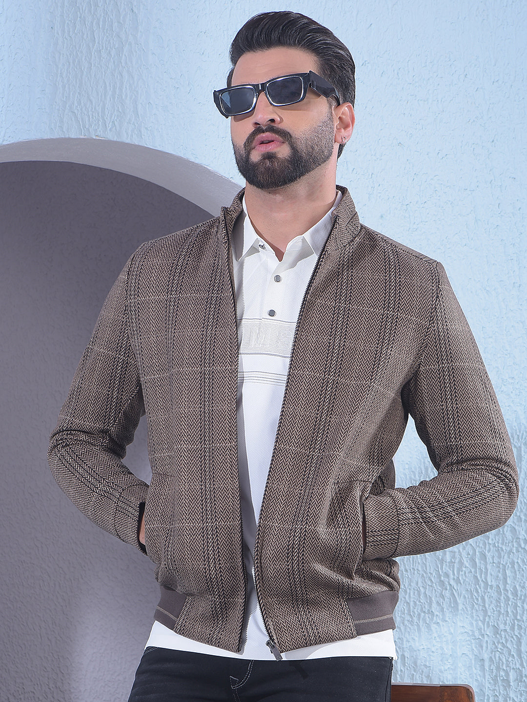 Brown Herringbone Check Bomber Jacket