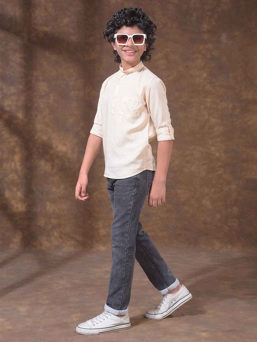 Cream Textured Linen Kurta