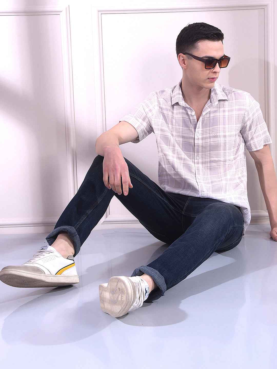 Beige 100% Cotton Checked Shirt