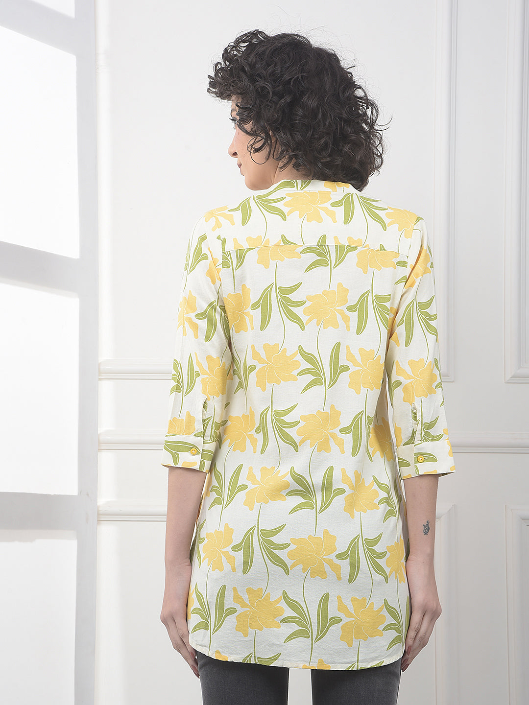 Yellow Floral Print V-Neck Linen Top