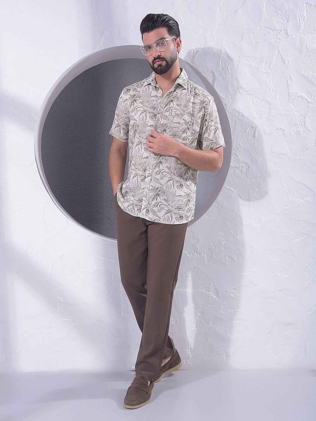 Grey Floral Print Linen Shirt