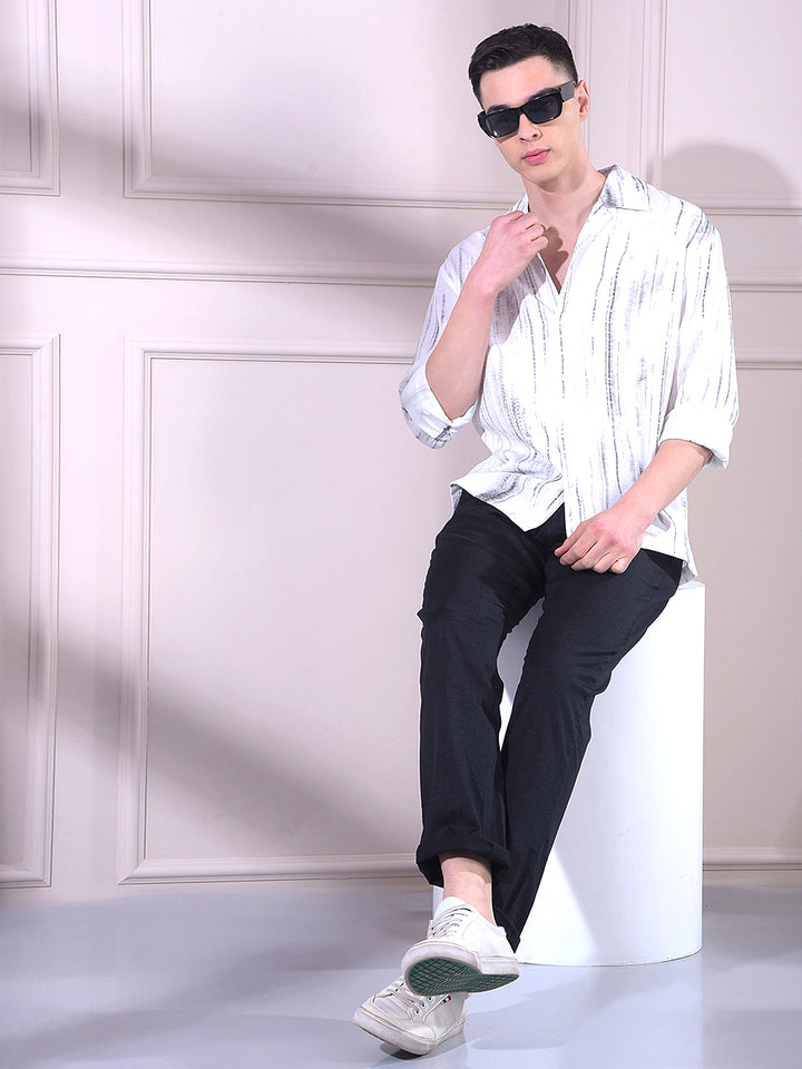 Grey Linen Printed Resort Collar Shirt