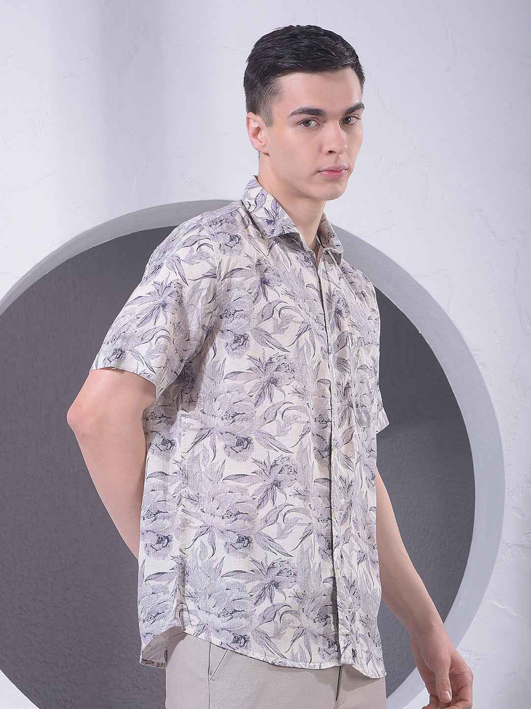 Purple Floral Print Linen Shirt