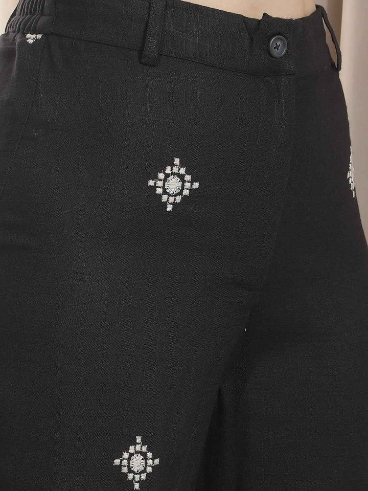 Black Embroidered Wide Leg Trousers