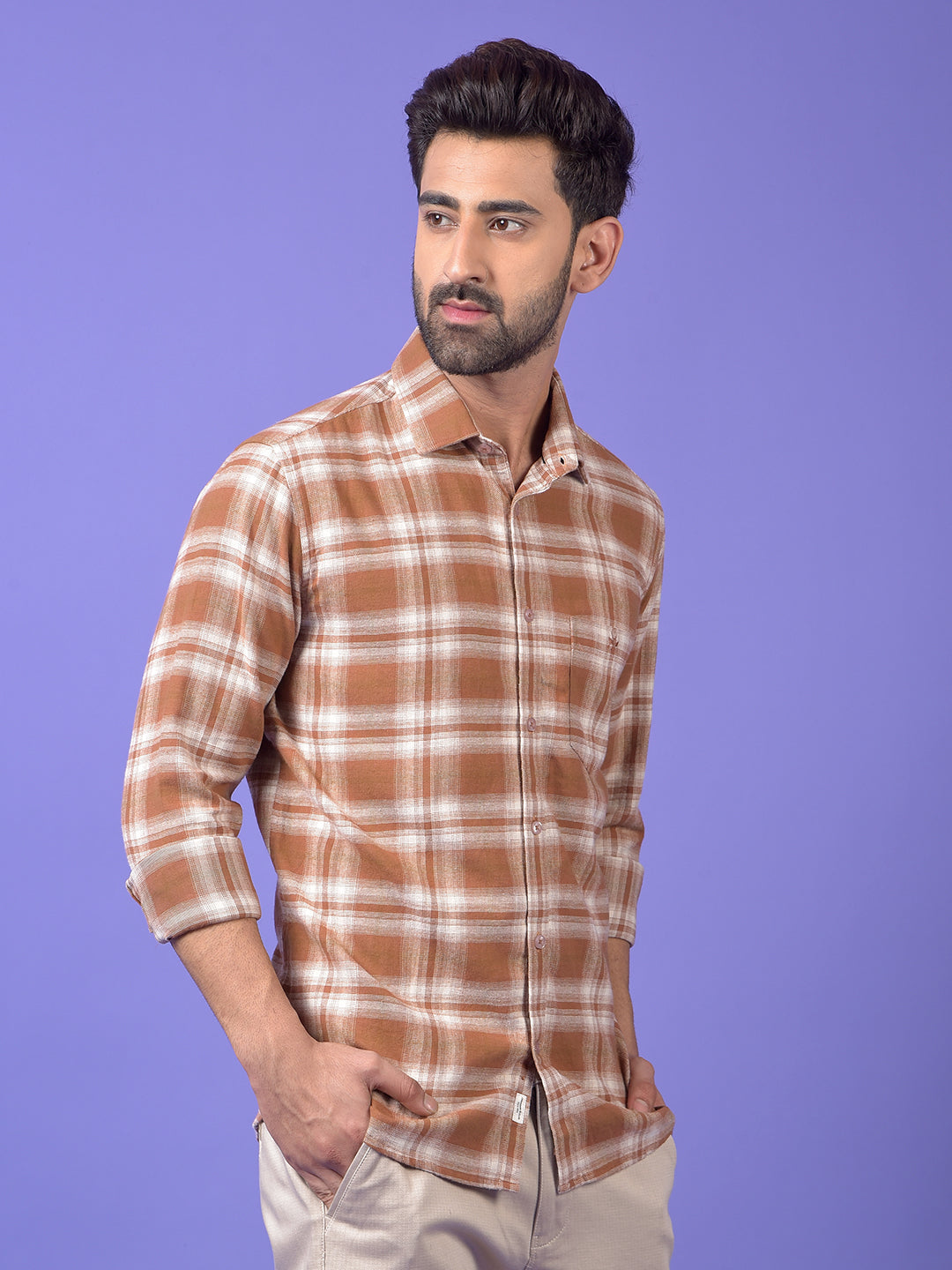 Brown Checked 100% Cotton Shirt