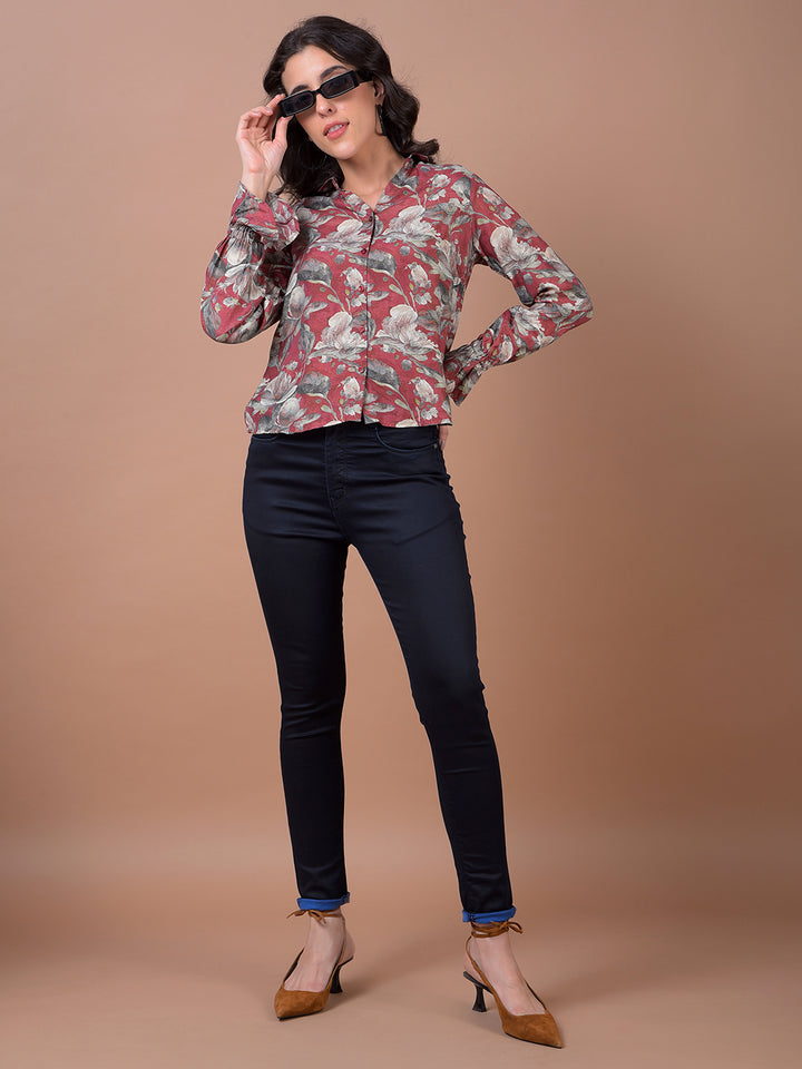 Maroon Floral Print Modal Shirt
