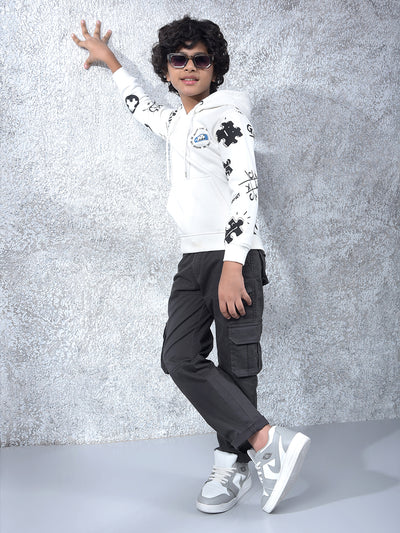 White Printed Hooded Neck Sweatshirt