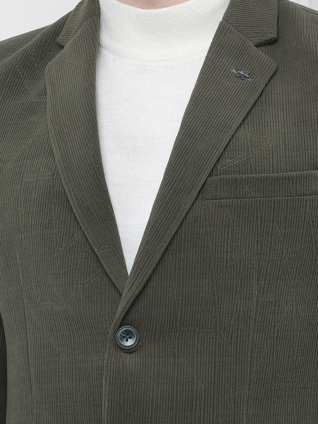 Olive Jacquard Notched Lapel Single-Breasted Blazer