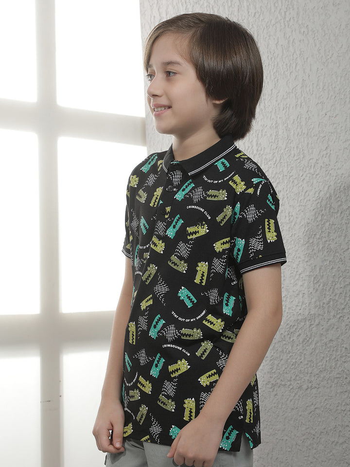 Black Abstract Print Polo T-Shirt